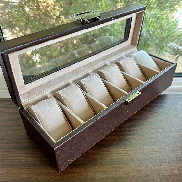 Vintage Brown Faux Leather 6 Slot Watch Box with Glass Lid and Cushions - Picture 8 of 16